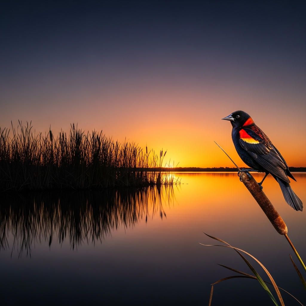 Red-winged blackbird on cattail, Texas marsh at sunset